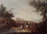Giuseppe Zais An italianate landscape with fishermen and travellers resting beside a pool Spain oil painting artist